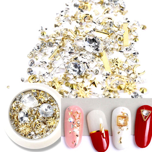 Nail Art Decorations, Clear Rhinestones, Glass Chips, Golden Findings, Mixed Shapes - BEADED CREATIONS