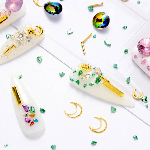 Nail Art Decorations, Resin Rhinestones, Glass Chips, Golden Findings, Mixed Shapes, Green - BEADED CREATIONS