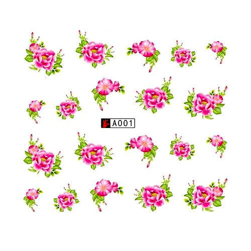 Nail Art Sliders, Water Transfer Decals, Flowers, Pink, Green, A001 - BEADED CREATIONS