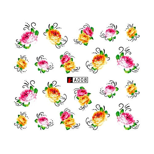 Nail Art Sliders, Water Transfer Decals, Flowers, Pink, Yellow, A008 - BEADED CREATIONS