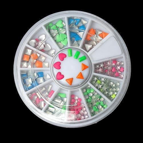 Nail Art Studs, Metal, Assorted Shapes, Neon, Nail Art Wheel - BEADED CREATIONS