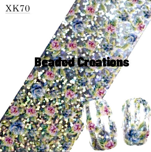 Nail Art Transfer Foils, Floral Print, Pink, Blue, Silver, XK70 - BEADED CREATIONS
