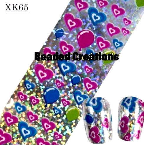 Nail Art Transfer Foils, Hearts And Balloons, Pink, Blue, Green, Silver, XK65 - BEADED CREATIONS