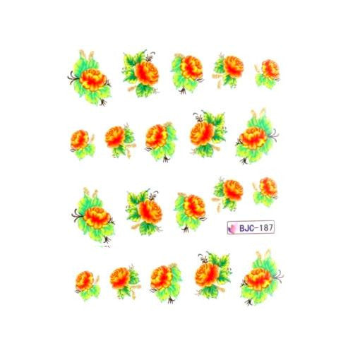 Nail Art, Decals, Glitter Water Transfers, Sliders, Flowers, Orange, Green. BJC-187 - BEADED CREATIONS