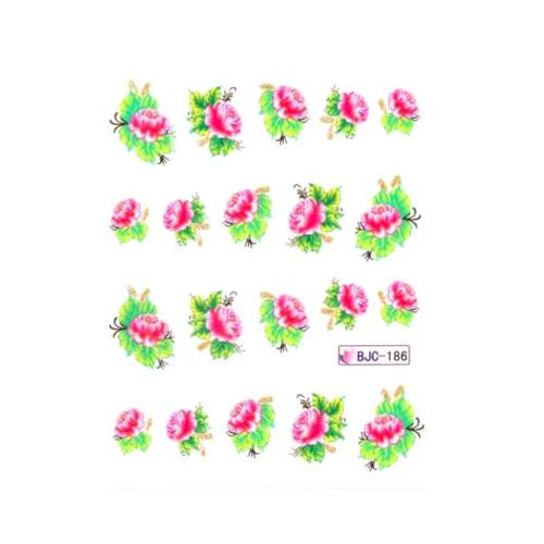 Nail Art, Decals, Glitter Water Transfers, Sliders, Flowers, Pink, Green. BJC-186 - BEADED CREATIONS