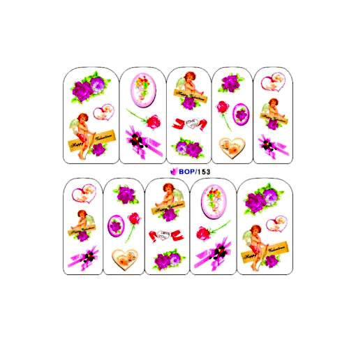 Nail Art, Decals, Water Transfer Sliders, Cupid, Hearts, Flowers, Purple. BOP153 - BEADED CREATIONS