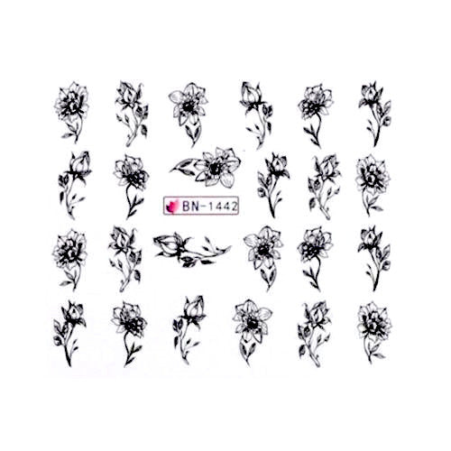 Nail Art, Decals, Water Transfer Sliders, Flowers, Black. BN1442 - BEADED CREATIONS