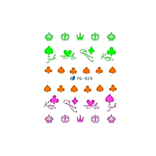 Nail Art, Neon, Water Transfer Decals, King, Queen, Jack Ace, Multicolored. YG-020 - BEADED CREATIONS