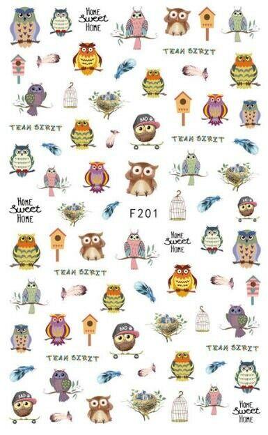 Nail Art, Stickers, Self Adhesive, Multicolor, Owls, Birdcage, Feathers, F201 - BEADED CREATIONS