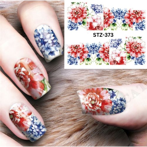 Nail Art, Water Transfer Decals, Flowers, Red, Blue, STZ-373 - BEADED CREATIONS