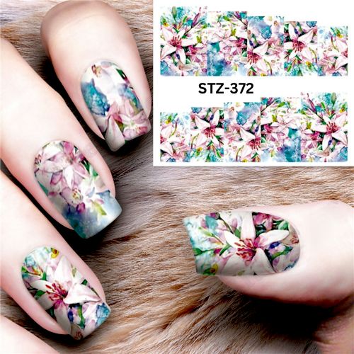 Nail Art, Water Transfer Decals, Lily Flowers, Pink, White, Blue, STZ-372 - BEADED CREATIONS