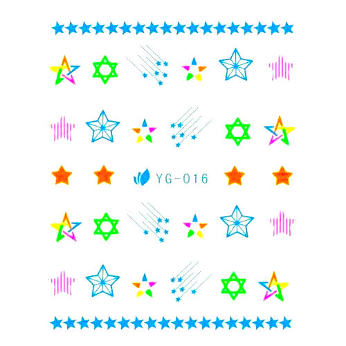 Nail Art, Water Transfer Decals, Neon, Stars, Multicolored. YG-016