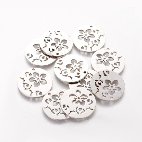 Pendants, 201 Stainless Steel, Floral, Flat, Round, Laser-Cut, Silver Tone, 20mm - BEADED CREATIONS