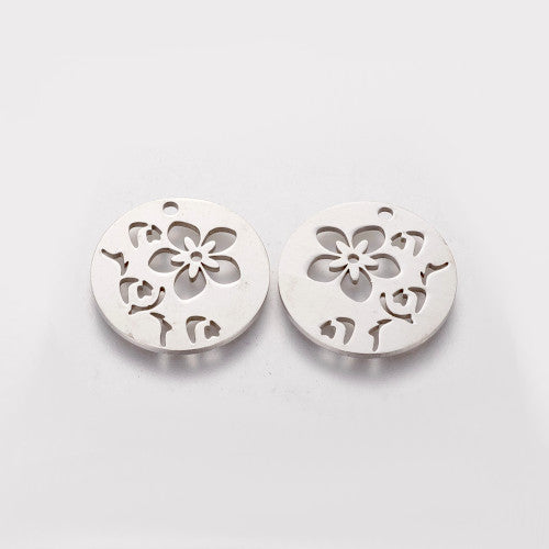 Pendants, 201 Stainless Steel, Floral, Flat, Round, Laser-Cut, Silver Tone, 20mm - BEADED CREATIONS