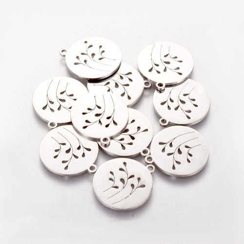 Pendants, 304 Stainless Steel, Leaf Stems, Flat, Round, Laser-Cut, Silver Tone, 20mm - BEADED CREATIONS