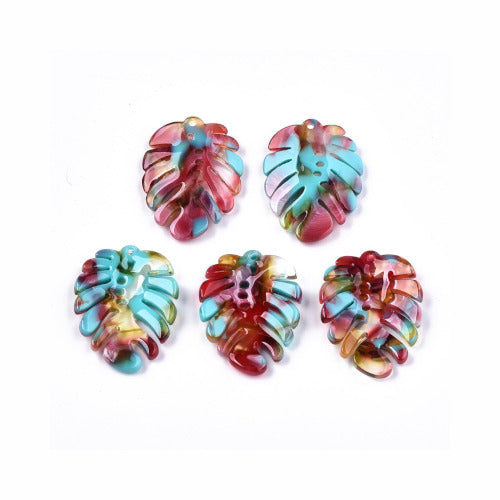 Pendants, Acetate, Monstera Leaf, Tropical, Blue, Multicolored, Focal, 26mm - BEADED CREATIONS