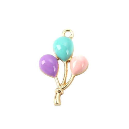 Pendants, Balloons, Single-Sided, Pink, Blue, Purple, Enameled, Gold Plated Alloy, 25mm - BEADED CREATIONS