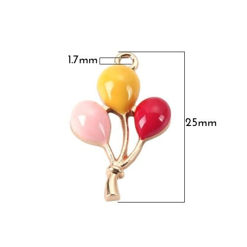 Pendants, Balloons, Single-Sided, Red, Yellow, Pink, Enameled, Gold Plated Alloy, 25mm - BEADED CREATIONS