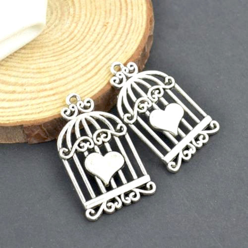 Pendants, Birdcage, Heart, Antique Silver, Alloy, 33.5mm - BEADED CREATIONS