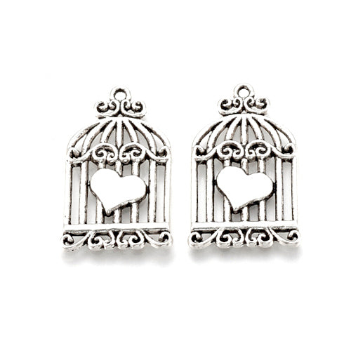 Pendants, Birdcage, Heart, Antique Silver, Alloy, 33.5mm - BEADED CREATIONS