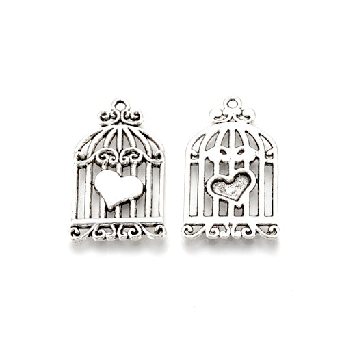 Pendants, Birdcage, Heart, Antique Silver, Alloy, 33.5mm - BEADED CREATIONS