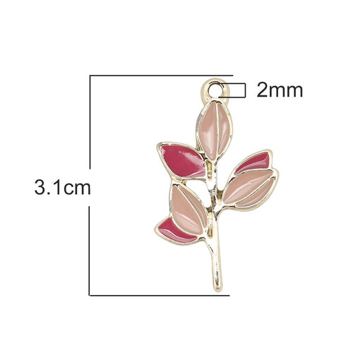 Pendants, Branch, 6-Leaf, Single-Sided, Pink, Enameled, Light Gold Plated, Alloy, 3.1cm - BEADED CREATIONS