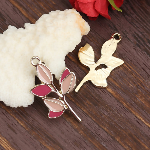 Pendants, Branch, 6-Leaf, Single-Sided, Pink, Enameled, Light Gold Plated, Alloy, 3.1cm - BEADED CREATIONS