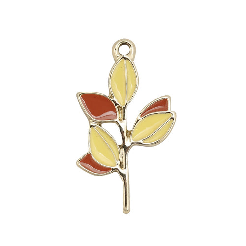 Pendants, Branch, 6-Leaf, Single-Sided, Yellow, Enameled, Light Gold Plated, Alloy, 3.1cm - BEADED CREATIONS