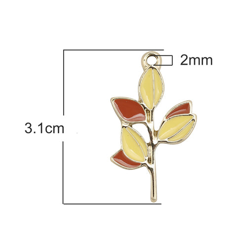 Pendants, Branch, 6-Leaf, Single-Sided, Yellow, Enameled, Light Gold Plated, Alloy, 3.1cm - BEADED CREATIONS