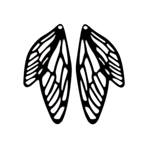 Pendants, Butterfly Wings, Laser-Cut, Black, Enameled, Alloy, 50mm - BEADED CREATIONS