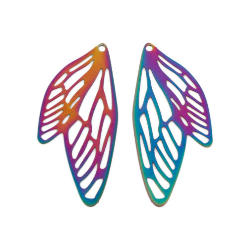 Pendants, Butterfly Wings, Laser-Cut, Rainbow, Electroplated, Alloy, 50mm - BEADED CREATIONS
