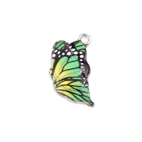 Pendants, Butterfly, Single-Sided, Green, Enameled, Silver Plated, Alloy, 23mm - BEADED CREATIONS