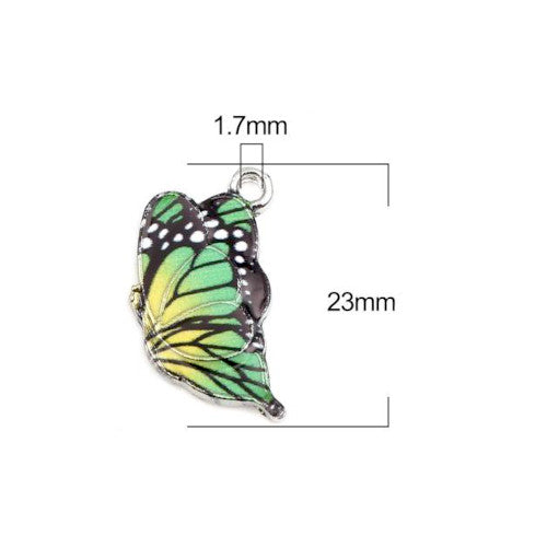 Pendants, Butterfly, Single-Sided, Green, Enameled, Silver Plated, Alloy, 23mm - BEADED CREATIONS