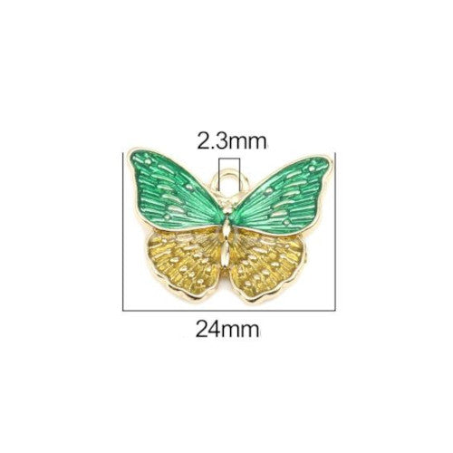 Pendants, Butterfly, Single-Sided, Green, Yellow, Enameled, Gold Plated, Alloy, 24mm - BEADED CREATIONS