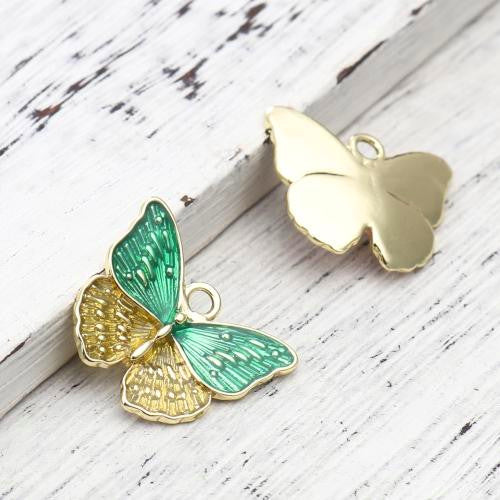 Pendants, Butterfly, Single-Sided, Green, Yellow, Enameled, Gold Plated, Alloy, 24mm - BEADED CREATIONS
