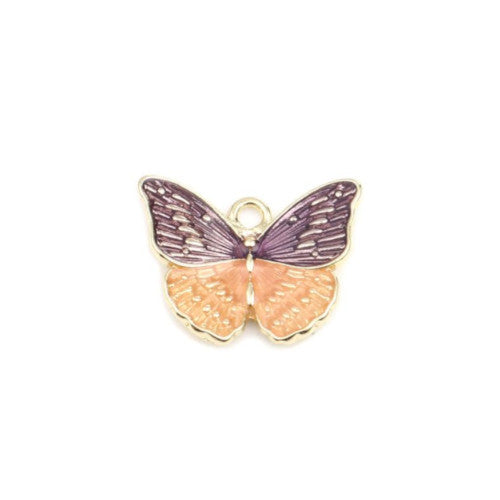 Pendants, Butterfly, Single-Sided, Purple, Orange, Enameled, Gold Plated, Alloy, 24mm - BEADED CREATIONS