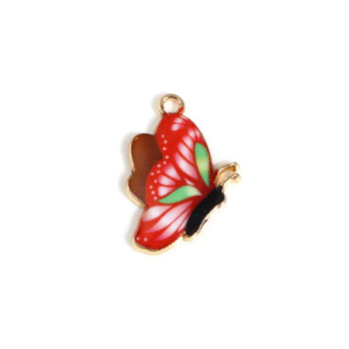 Pendants, Butterfly, Single-Sided, Red, Enameled, Light Gold Alloy, 24mm - BEADED CREATIONS