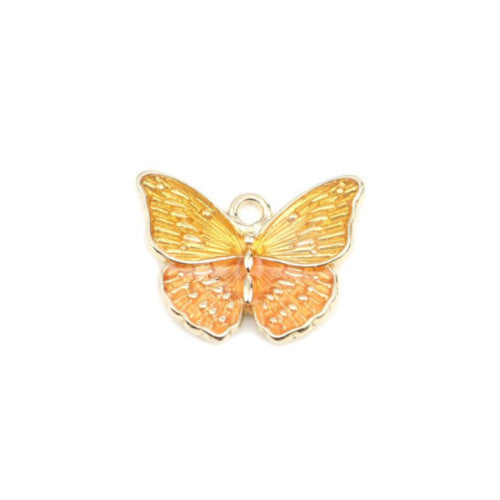 Pendants, Butterfly, Single-Sided, Yellow, Orange, Enameled, Gold Plated, Alloy, 24mm - BEADED CREATIONS