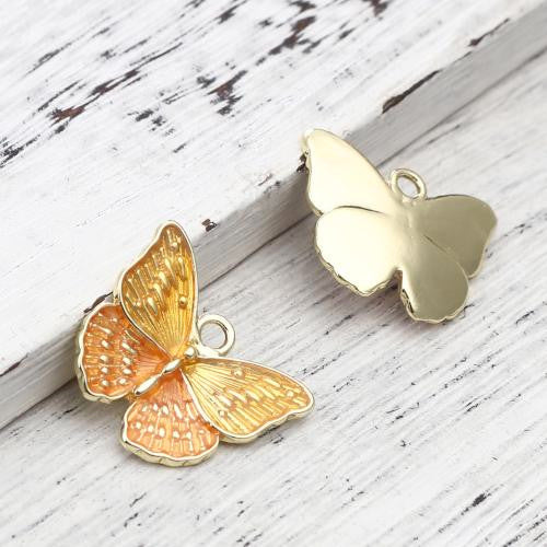 Pendants, Butterfly, Single-Sided, Yellow, Orange, Enameled, Gold Plated, Alloy, 24mm - BEADED CREATIONS