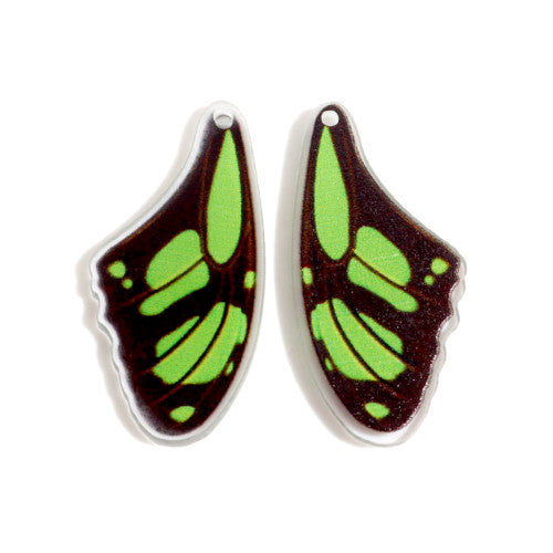 Pendants, Butterfly Wings, Green, Black, Resin, 36mm - BEADED CREATIONS