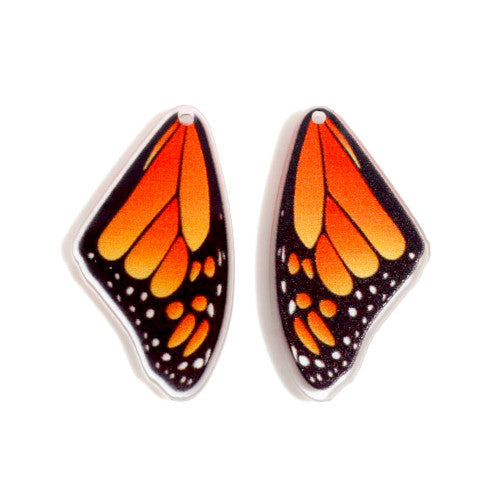 Pendants, Butterfly Wings, Orange, Black, White, Resin, 36mm - BEADED CREATIONS