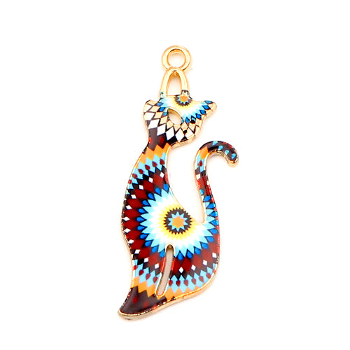 Pendants, Cat, Single-Sided, Enameled, Aztec Pattern, Gold Plated, Alloy, 37mm - BEADED CREATIONS