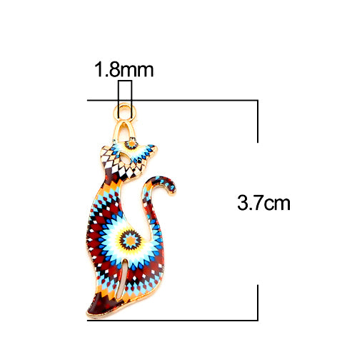 Pendants, Cat, Single-Sided, Enameled, Aztec Pattern, Gold Plated, Alloy, 37mm - BEADED CREATIONS