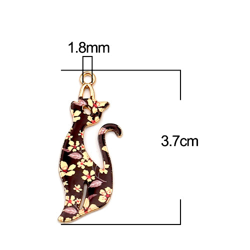Pendants, Cat, Single-Sided, Enameled, Black, Floral Pattern, Gold Plated, Alloy, 37mm - BEADED CREATIONS