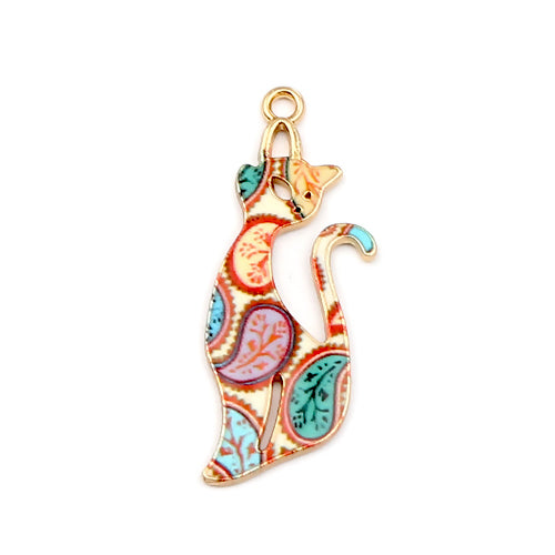 Pendants, Cat, Single-Sided, Enameled, Paisley Pattern, Gold Plated, Alloy, 37mm - BEADED CREATIONS