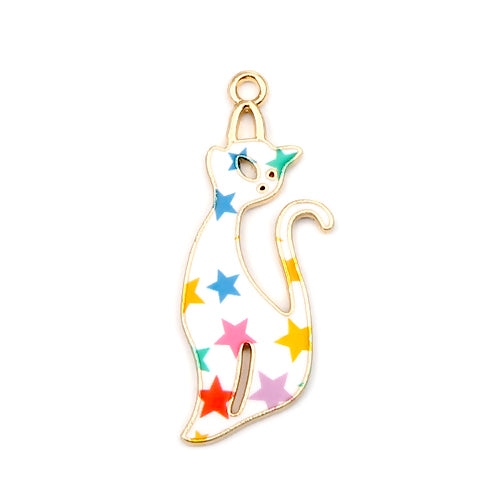 Pendants, Cat, Single-Sided, Enameled, Star Pattern, Gold Plated, Alloy, 37mm - BEADED CREATIONS