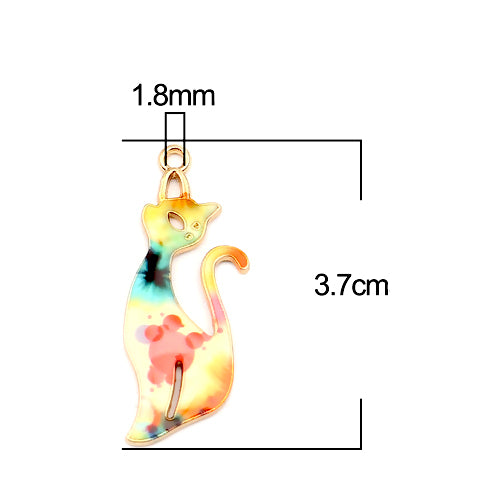 Pendants, Cat, Single-Sided, Enameled, Watercolor Pattern, Gold Plated, Alloy, 37mm - BEADED CREATIONS
