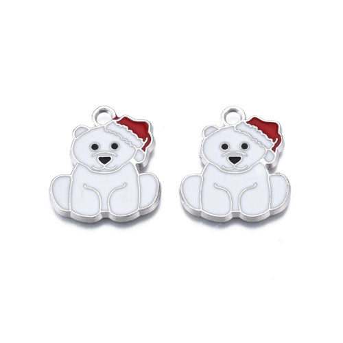 Pendants, Christmas Bear, White, Red, Enamel, Silver Plated, 24.5mm - BEADED CREATIONS