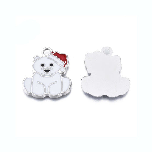 Pendants, Christmas Bear, White, Red, Enamel, Silver Plated, 24.5mm - BEADED CREATIONS