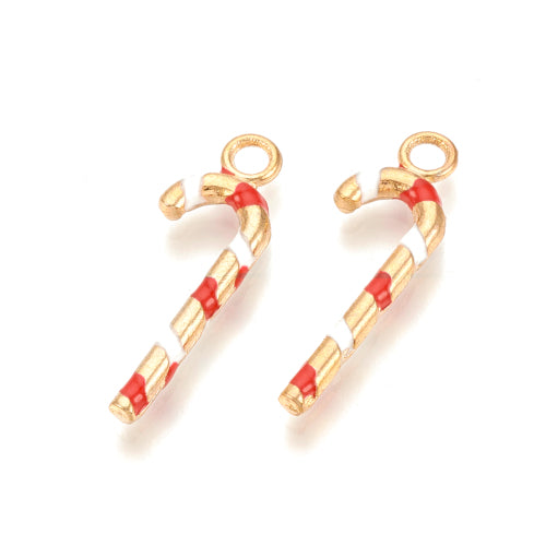 Pendants, Christmas Candy Cane, Red, White, Enameled, Light Gold Plated, Alloy, 27mm - BEADED CREATIONS